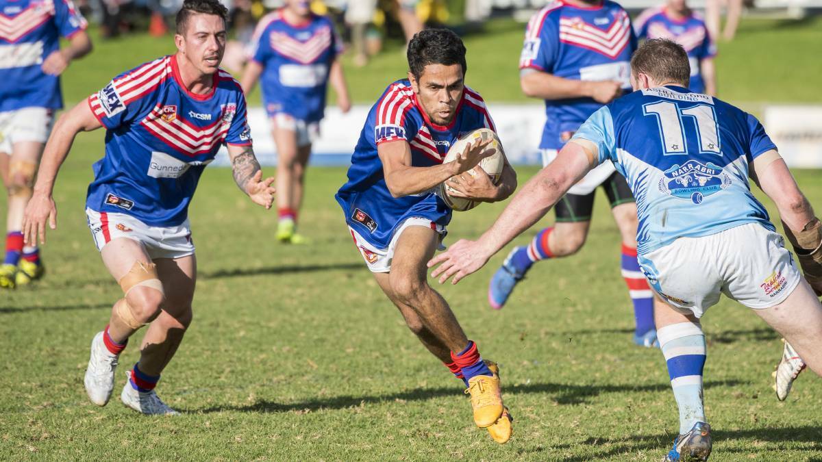 BIG GAME: Gunnedah fullback Dylan Lake produced another fine display in the Bulldogs' 55-22 win over the Blues in Narrabri on Sunday.