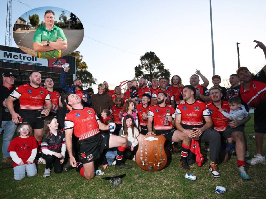 North Tamworth celebrate their grand final win over Moree at Jack Woolaston Oval on August 19, 2023. File picture by Gareth Gardner. Insert: Shane Rampling. 