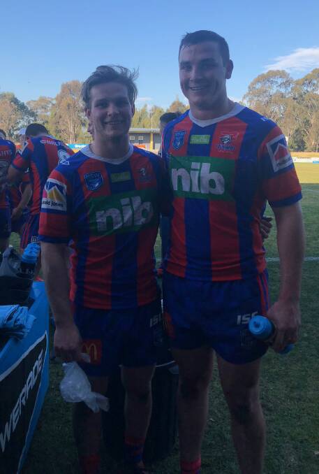 FARRER CONNECTION: Loughrey with Knights teammate Jack Cameron, of Loomberah. Photo: Supplied
