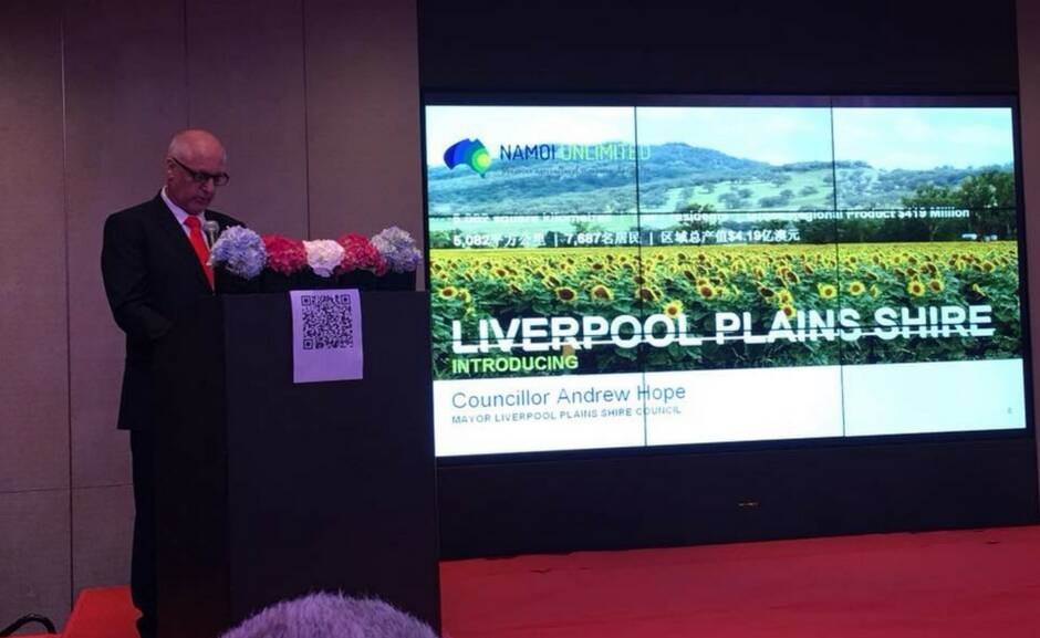 ON THE JOB: Liverpool Plains mayor and Namoi JO chair Andrew Hope presents to China. Photo: Supplied