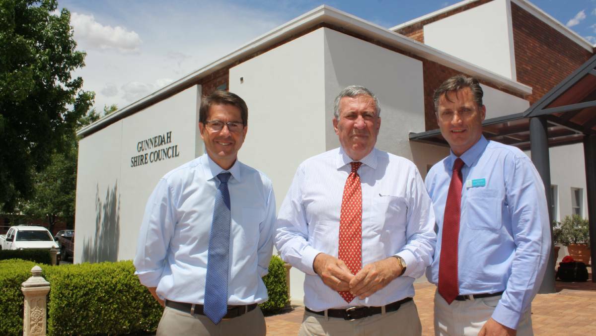 WINNING: Tamworth MP Kevin Anderson, former roads minister Duncan Gay and Gunnedah mayor Jamie Chaffey at an overpass meeting in November.