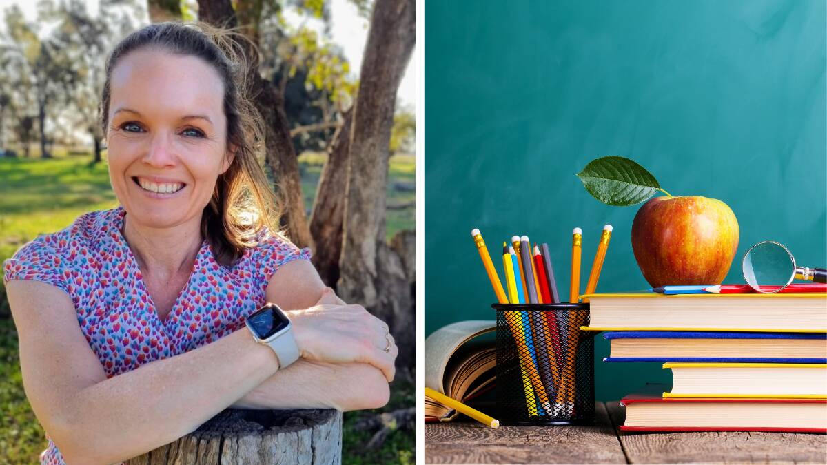 Helen Barnett (left) and an apple on top of a pile of school books. Picture supplied and from Shutterstock