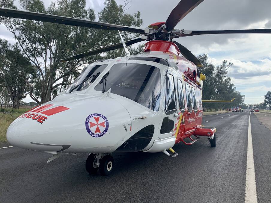 Emergency mission: The rescue chopper was tasked to help treat and transport a woman after a serious car crash on the Kamilaroi Highway. Photo: WRHS