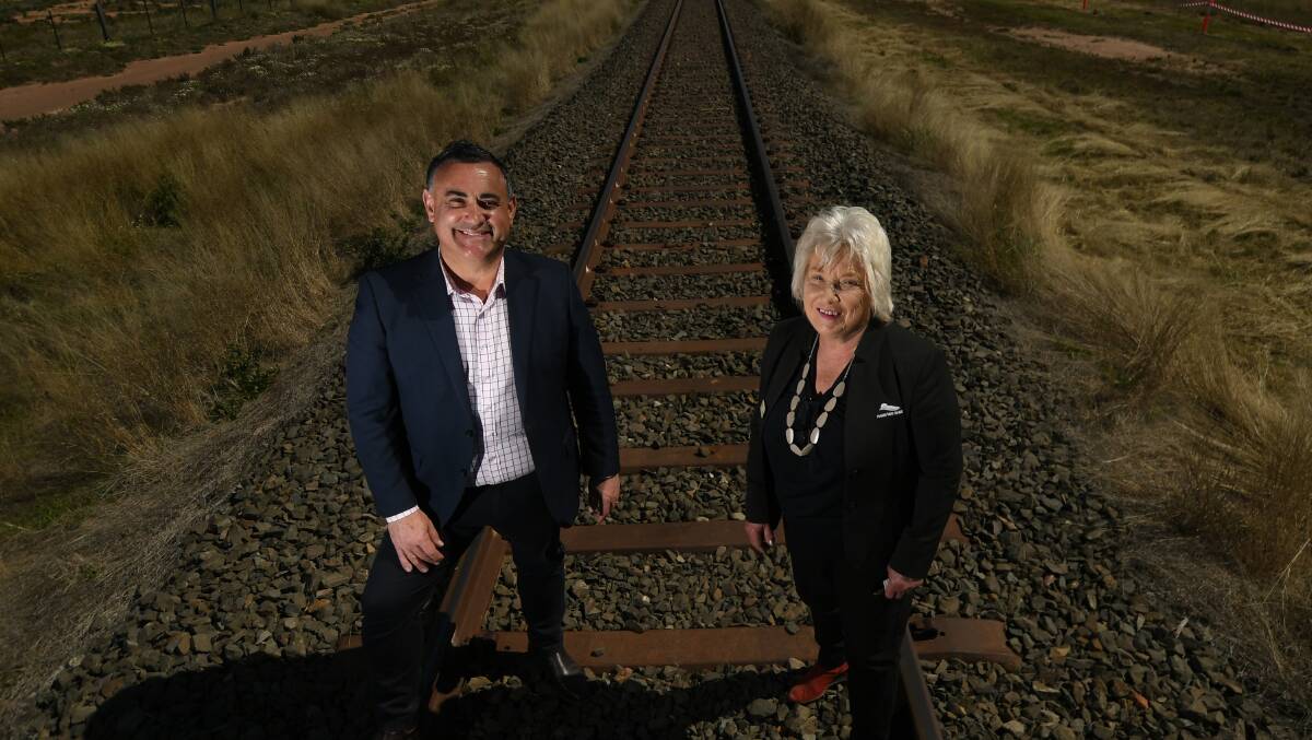 Railroaded: John Barilaro and Mayor Cathy Redding at the site of what will be the Narrabri inland port. Photo: Gareth Gardner