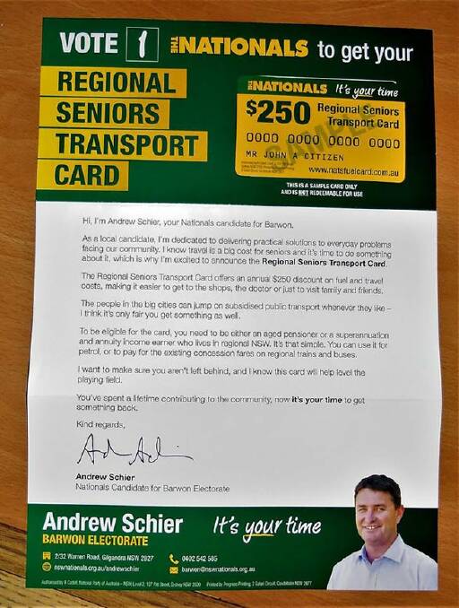 Campaign materials issued last year promises the card to any "annuity income earner who lives in regional New South Wales".