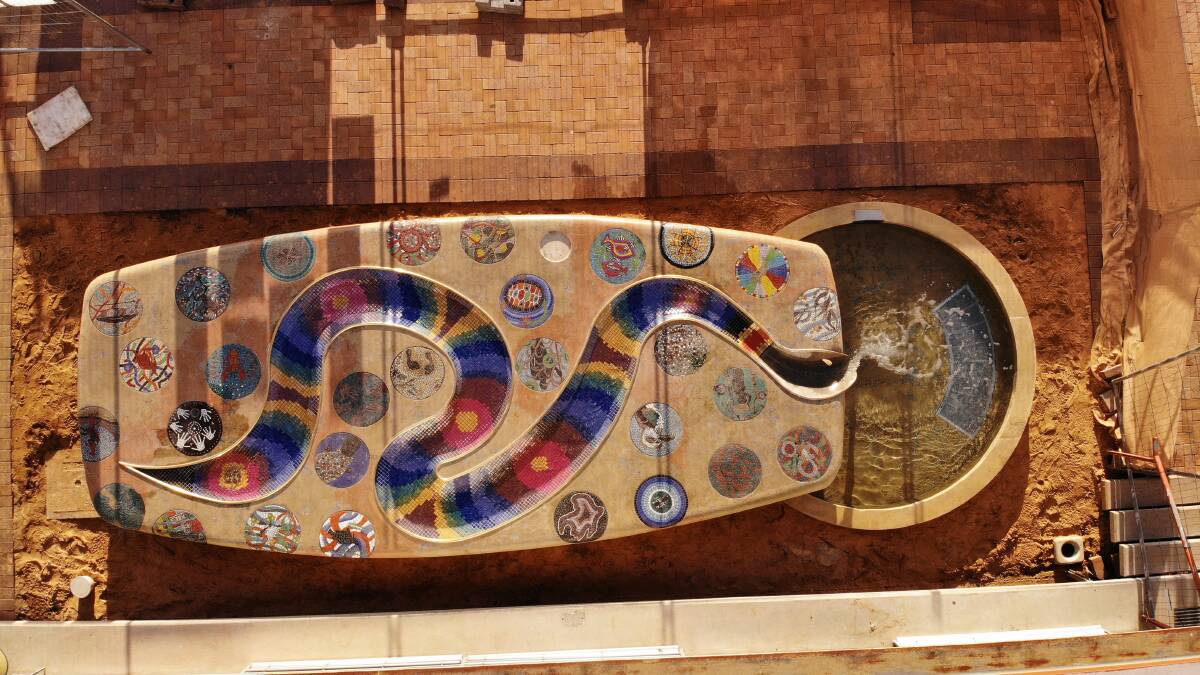 Gunnedah's Rainbow Serpent water feature from above during construction with unfinished surrounds. Photo: Lauren Mackley