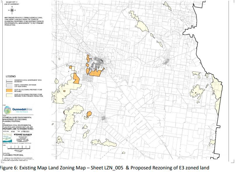 A map showing privately owned agricultural land in the Gunnedah shire more than 5km from the CBD proposed to be rezoned from E3 Environmental Management to RU1 Primary Production. The darker orange would be retained as E3 in order to protect the "scenic areas of Gunnedah". 