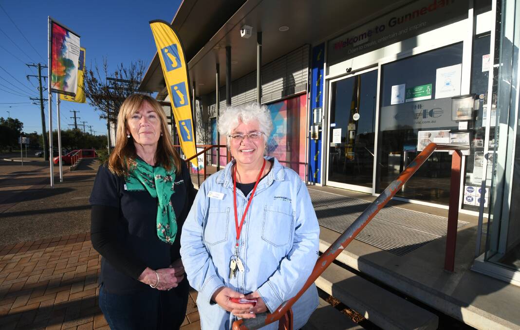 BUSY TIMES: Gunnedah Shire Council's Nikki Robertson and Leanne Jeffree at the local information centre which is behind a home housing push ahead of AqQuip. Photo: Gareth Gardner 070721GGF01