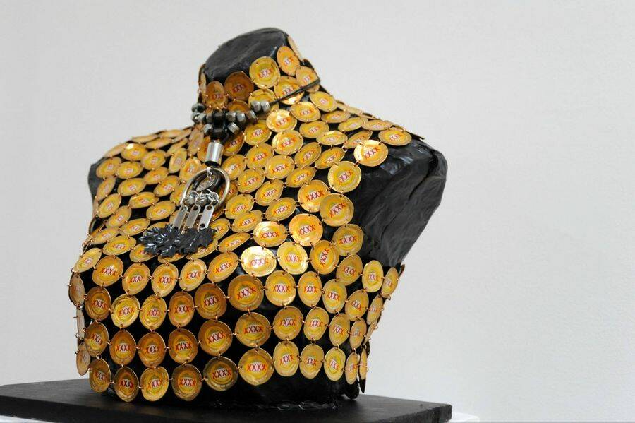 WASTE TO ART: XXXX Gold stubby lids were transformed to create this past entry in the Waste into Art Exhibition. Photo: Supplied 