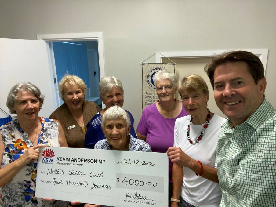 Photo: Member for Tamworth, Kevin Anderson presents the Werris Creek CWA with support funding. Back Row L-R: Pauline McCulloch, Wendy OBrien, Sue Macauley, Gail Kelly and Cheryl Carlisle. Front: Betty Cross.