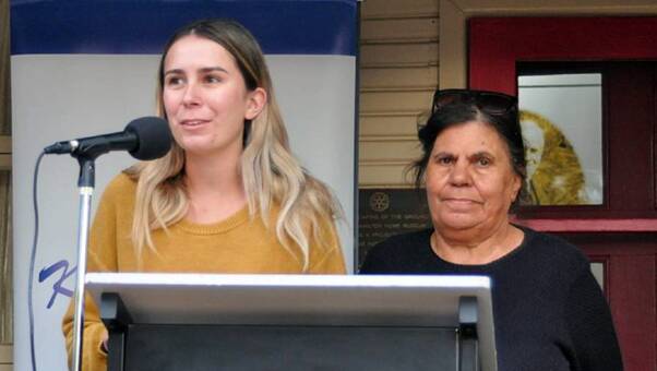 Tyahan Bell delivering the Welcome To Country on behalf of Ngunnawal elder Aunt Lillian Bell at the opening of the YDHS Shearsby Exhibition, 2019. Image: Yass Tribune.