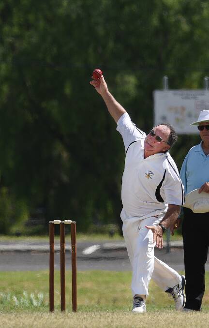 Rolling the arm over: Gunnedah's Denby Budden delivers during his spell in the annual Veterans Cricket clash against Tamworth. Photo: Gareth Gardner 070317GGC07