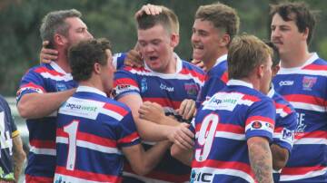 Lincon Smith celebrates a try in Gunnedah's round two thriller against Dungowan. Picture by Zac Lowe.