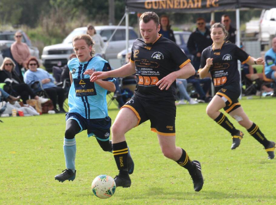 Nic Herring brings the ball down field for Gunnedah's reserve grade side in round four. The team is currently preparing for its semi-final against Wee Waa this weekend. Picture by Narrabri FC Facebook.