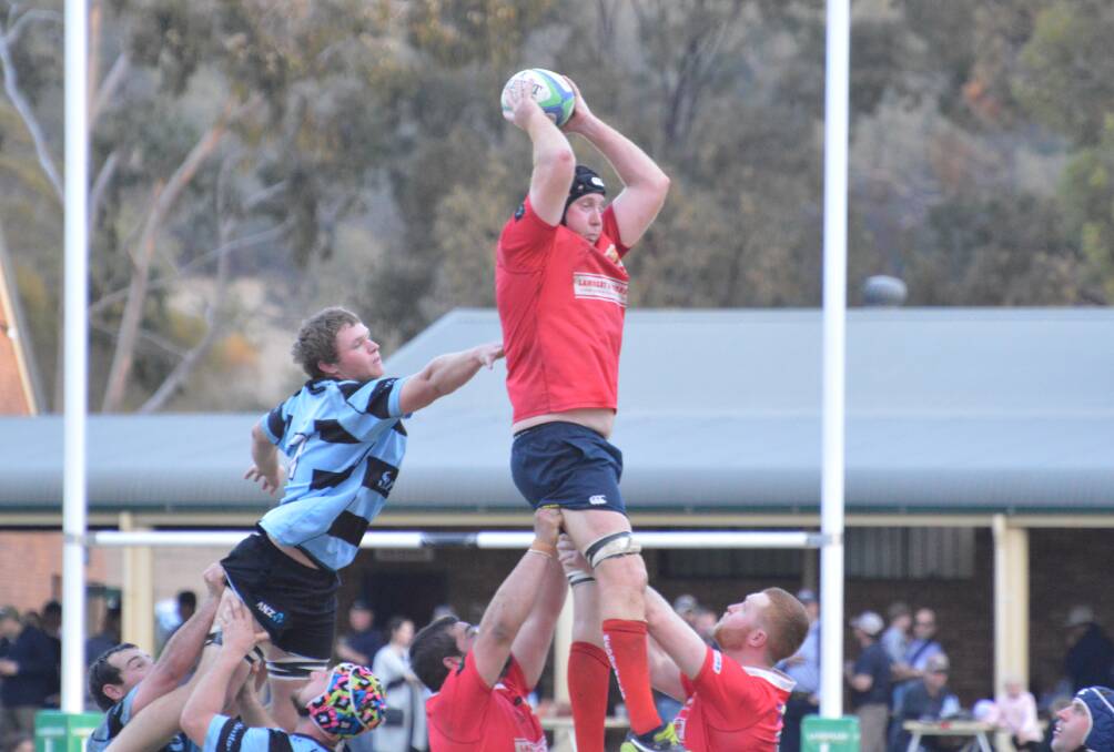 Strong: Matt Roseby gets up in front of Narrabri's Jack Maunder to win this lineout for Gunnedah on Saturday. Photo: Samantha Newsam