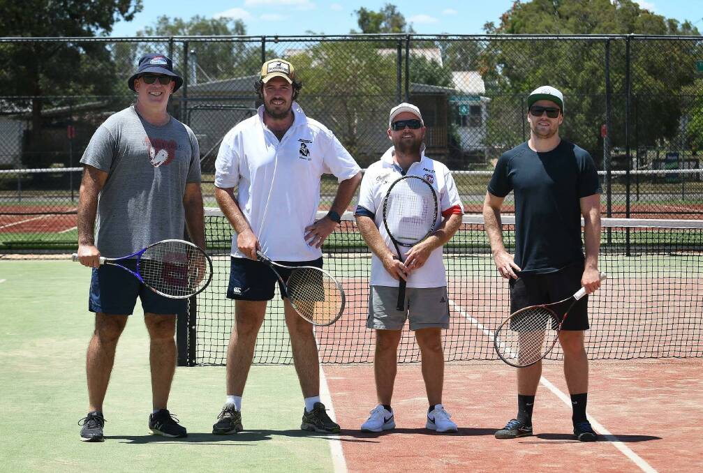 Let the battle begin: (L-R) Paul McDermott, Lincoln Stewart, Adam Winner, Nathan Lennan pose before the Dallas Donnelly Boxing Day Tennis Tournament. Photo: Sarah Stewart.