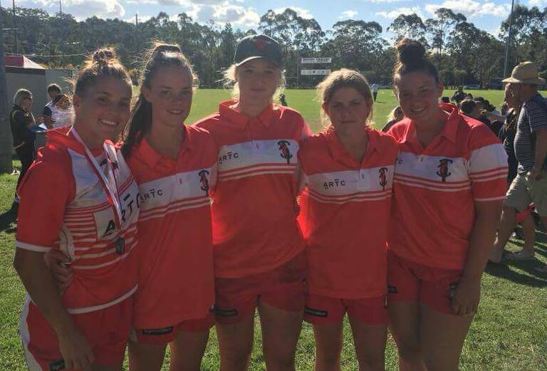 Piper Rankmore (middle) with fellow Central North under-17s Country squad members: Miah O'Sullivan, Phoebe Mcloughlin, April Smith and Amy Raphael. Photo: Central North Junior Rugby Facebook