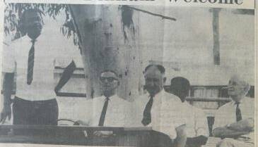 "A fair dinkum welcome" West Indies manager Berkeley Gaskin addresses the crowd at the civic reception under the gum trees in front of the council chambers.