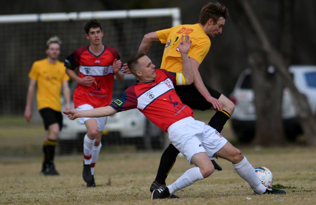 Rock solid: Dropping back to centre defence Matt Daley was one of Gunnedah FC's best in their second round loss to Tamworth FC on Saturday. Photo: Gareth Gardner