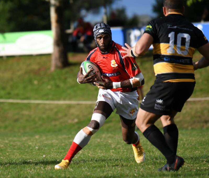 Excitement machine: There was one name on everyone's lips at Gunnedah Rugby Park on Saturday: Emori Waqavulagi. The winger was brilliant for the Red Devils, scoring a hat-trick. Photo: Sarah Stewart