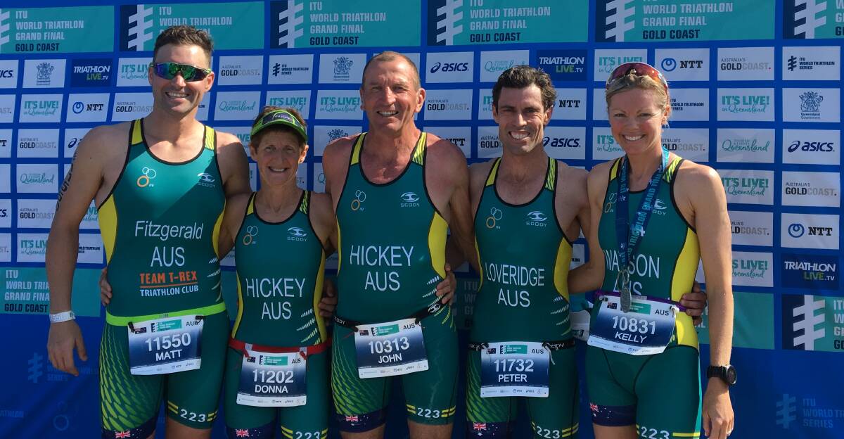 Top effort: The Gunnedah contingent (L-R) Matt Fitzgerald, Donna Hickey, John Hickey, Peter Loverdige and Kelly Watson did the town proud at the World Triathlon Championships on the Gold Coast.