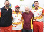Gunnedah's State triples champions Craig Cameron, Dylan Eather and Sam Pryor with Zone 3 president Rob Key.
