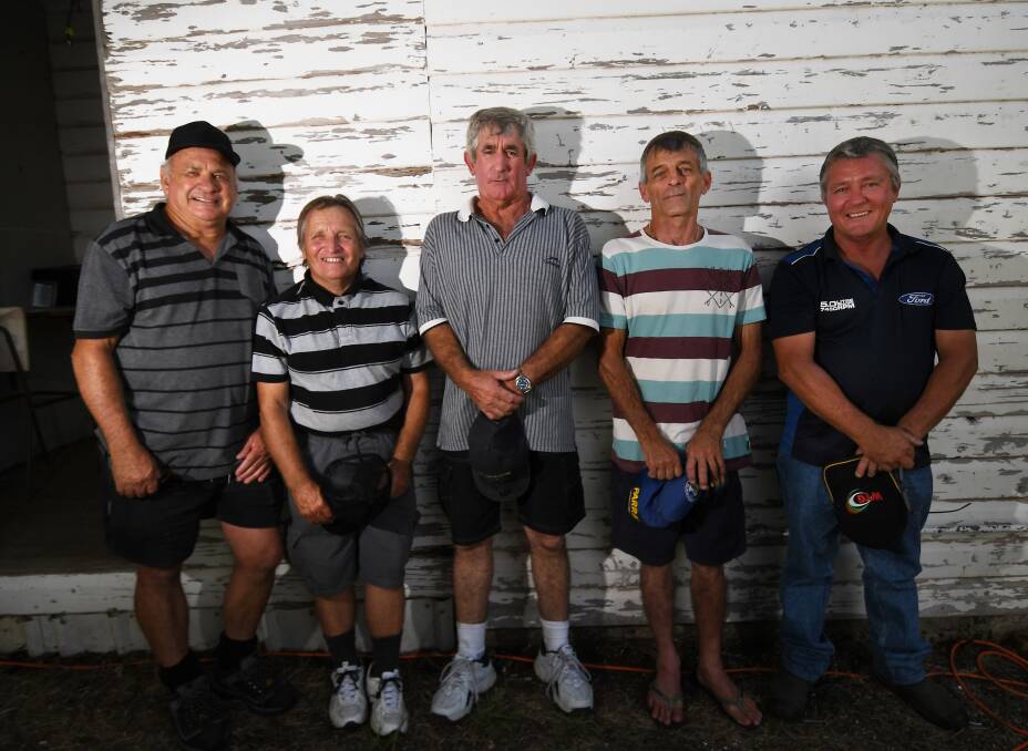 Remembering good times: Former Gunnedah hoop Ray Lamb (left) with fellow former local jockeys Russell Stokes, Pat Johns, Barry Gatenby and Peter Underwood. Photo: Gareth Gardner