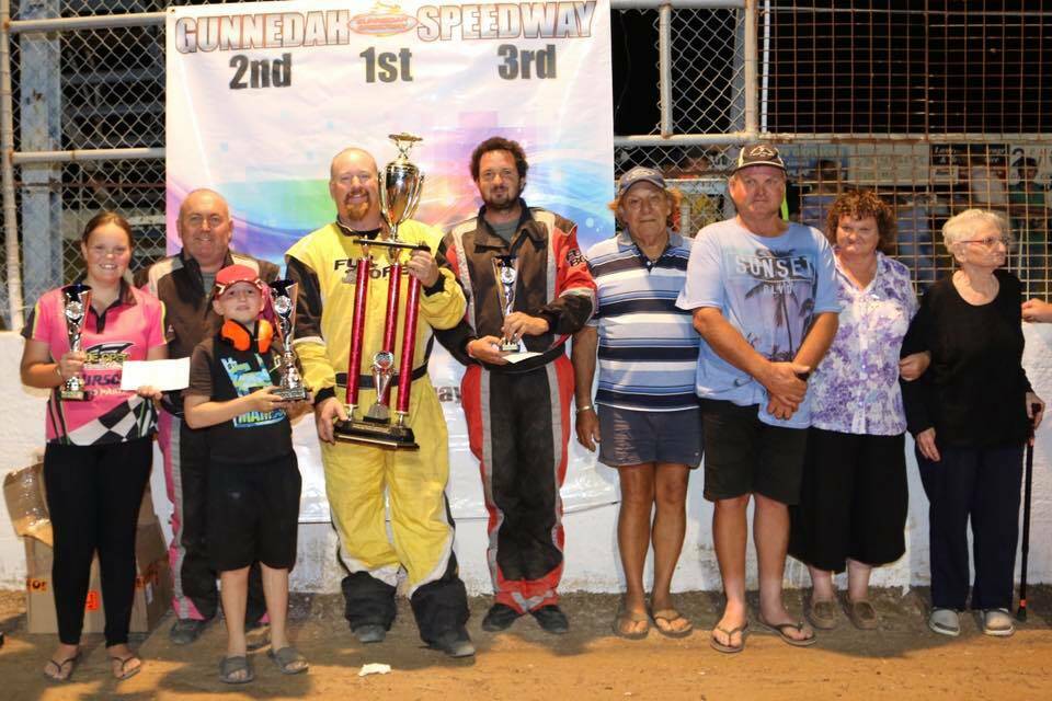 Brad Perrett (third from left) was victorious in Saturday night's feature Anthony Rees Memorial race. Photo: Dirt Track Angel Photography