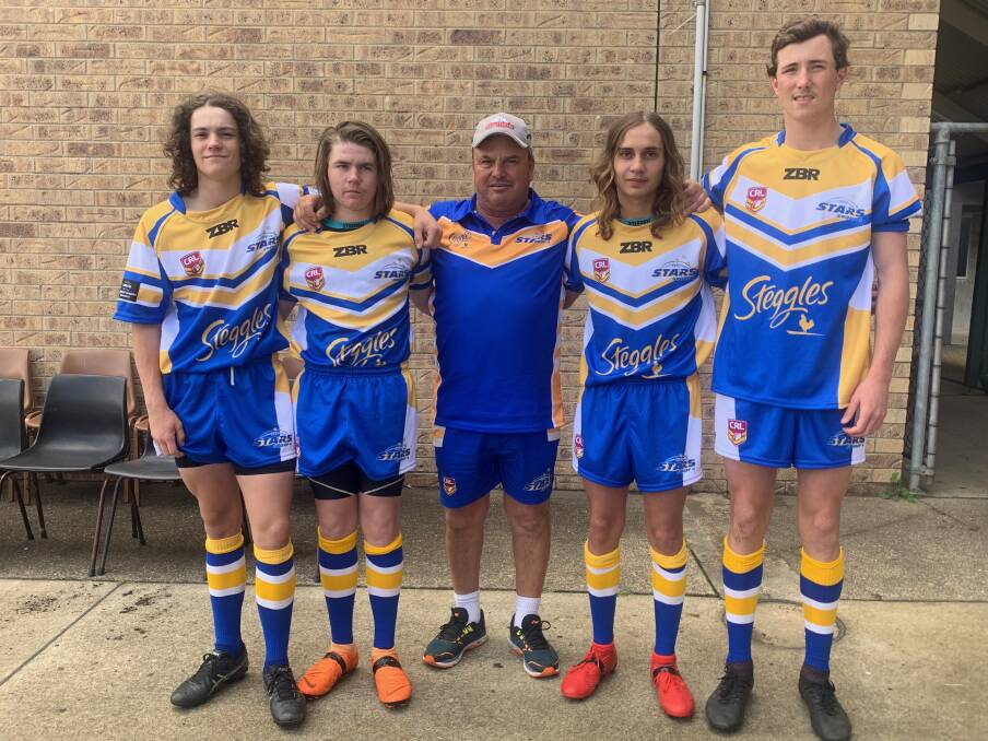Learning curve: (L-R) Archer Harrison, Jock Ford, Paul Wicks (assistant coach), Trent White and Kurt Fisher suited up for Group 4 at Port Macquarie on the weekend.