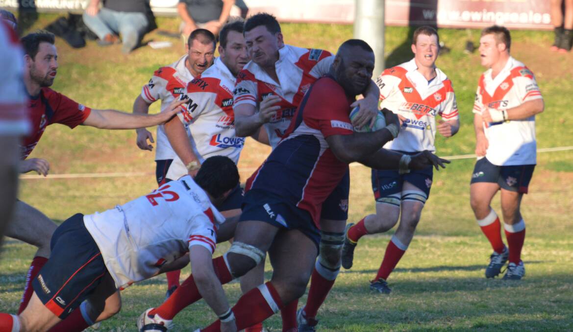 Gunnedah Sanimo Navatu takes on the Walcha defence. The number eight was again huge for the Red Devils in Saturday's upset win. Photo: Samantha Newsam
