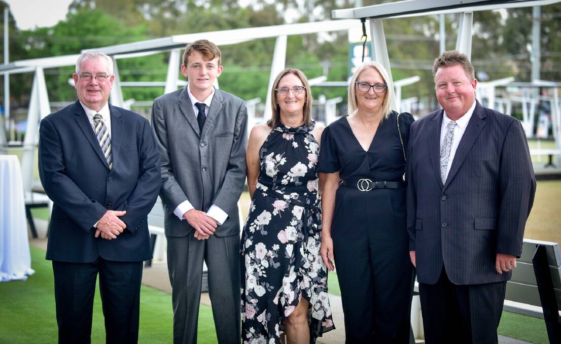 Thorning (second from left) with (from left) Gunnedah Services and Bowling Club general manager Paul Lodge, aunt Patrina Marshall, mum Angela Marshall and dad Scott Thorning. Picture Bowls NSW