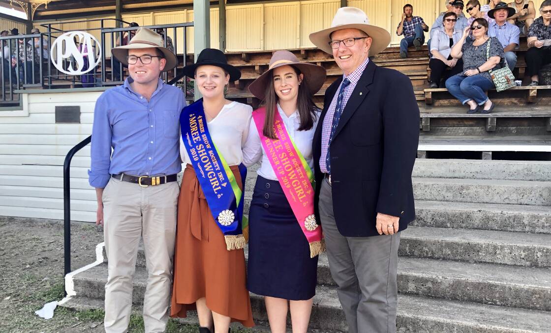 Member for Parkes Mark Coulton (right) with Northern Tablelands MP Adam Marshall, 2019 Moree Showgirl Emily Ryan and runner-up Emily Cosgrove, at Moree Show this year. Photo: supplied.