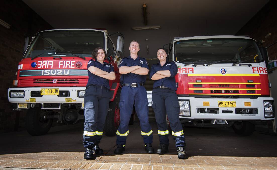 Gunnedah Fire and Rescue members Monica Bentham, Ben Wager and Tymika Bradford-Robbins in front of some of the trucks locals can check out on the day. Photo: Peter Hardin