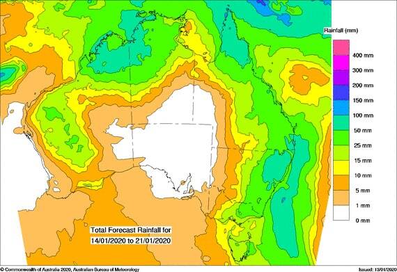 Water and the Land combination model showing the total forecast rain for the week. Image: BoM