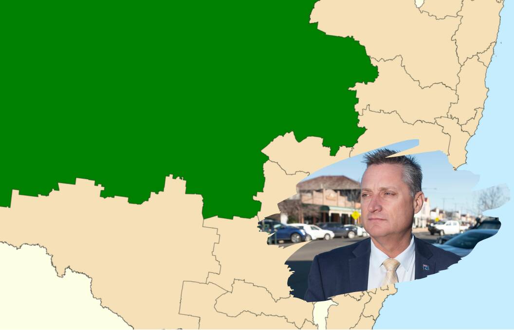 The green section indicates the 44 per cent of NSW that the Barwon electorate covers, and Gunnedah mayor Jamie Chaffey does not want the shire to be a part of it. Main photo: file, inset: Peter Hardin