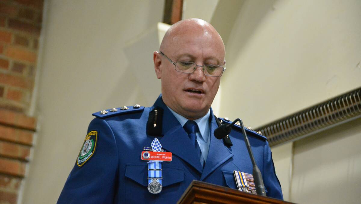 Gunnedah Police's inspector Michael Wurth addresses the crowd at the ceremony.