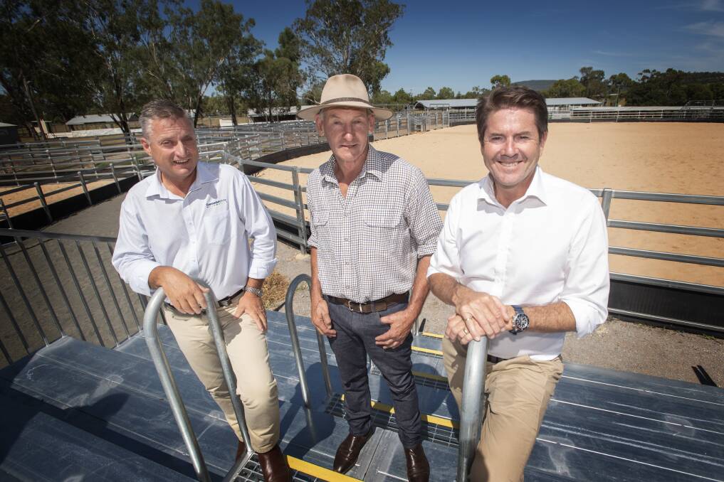 FRESH LOOK: Gunnedah mayor Jamie Chaffey, Gunnedah Show Society president Rob Witts and Tamworth MP Kevin Anderson in front of the new soft-fall arena. Photo: Peter Hardin