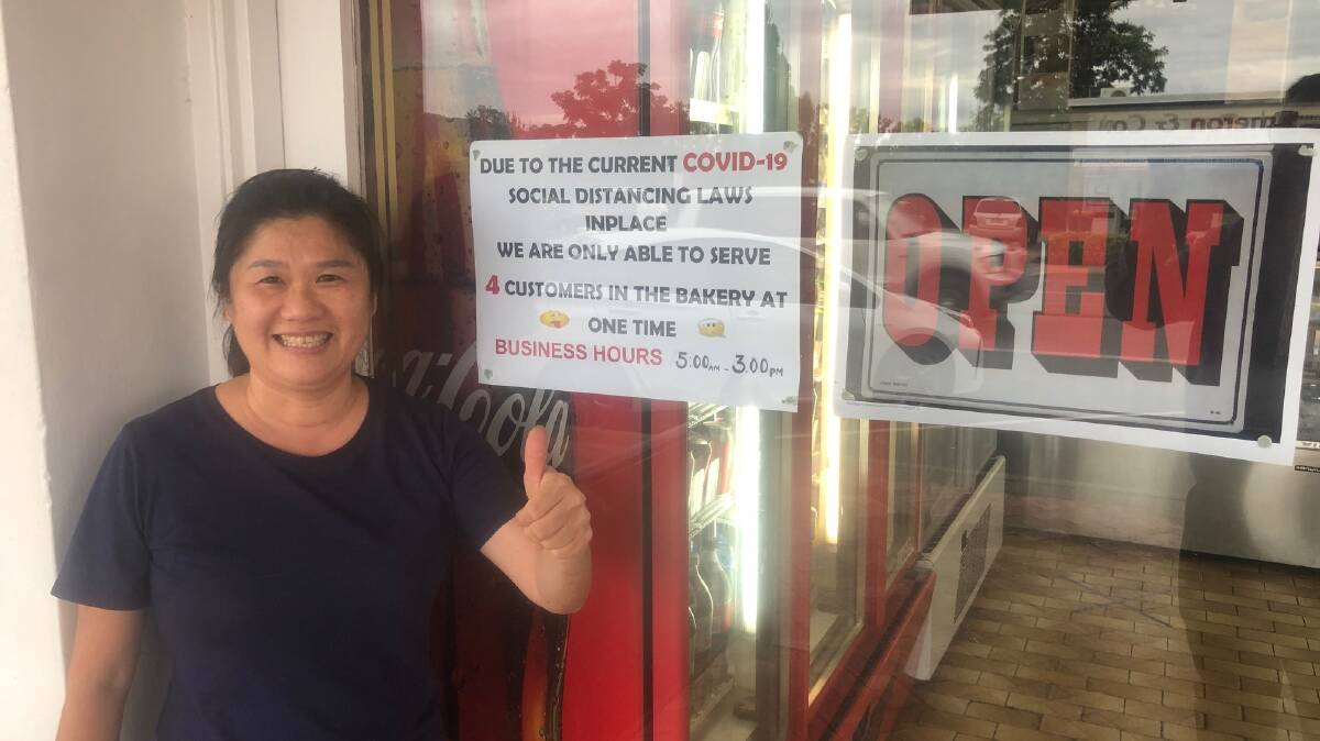 Helen at the Quirindi Bakery has clearly signposted the requirement for social distancing at her business. Photo: supplied
