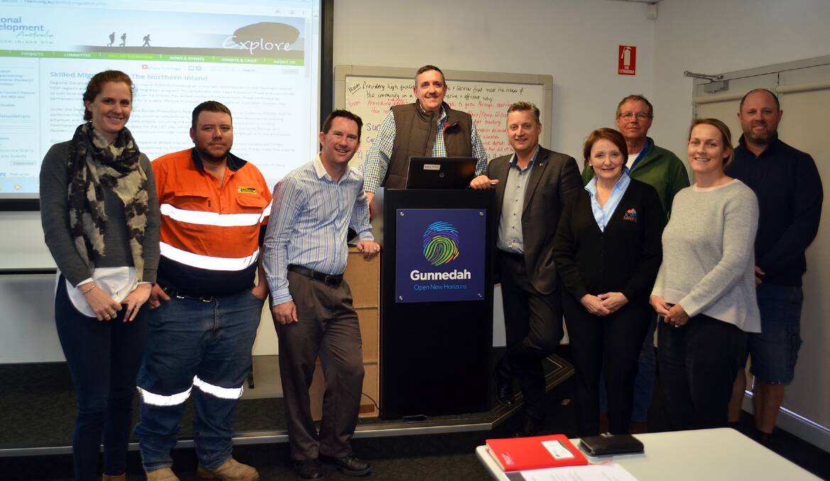 RDANI senior skilled migration and project officer Gary Fry (third from left), with members of the Gunnedah Shire Council Economic Development Working Group: Charlotte Hoddle from Gunnedah Shire Council, Glenn Many from Many Engineering, Andrew Johns from Gunnedah Shire Council, Jamie Chaffey, Tracey Reid from Impact Solutions, Scott McCalman from Jedburgh Farming, Kate Gunn from Merivale Partnership, and Scott Davies from Carroll Cotton Co.