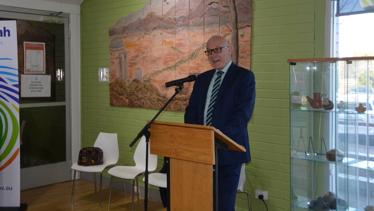 Minister for Finance and Small Business Damien Tudehope speaking at the breakfast held at Gunnedah Bicentennial Creative Arts Gallery. Photo: Jessica Worboys