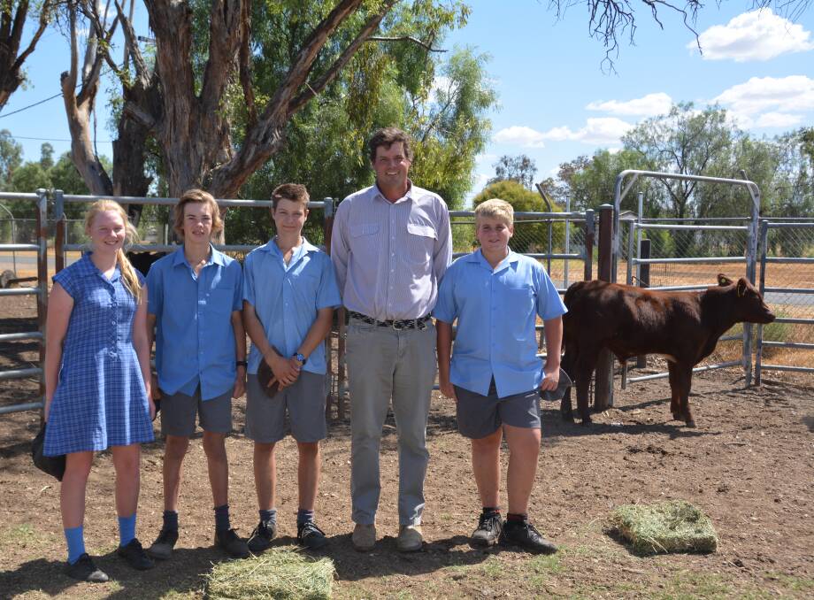 St Mary's Year 9 and 10 agriculture students Saige Mitchell, Bradley Miller, Hugh Hunter, and Max Finlay with agriculture teacher Lachlan James. Photo: Jessica Worboys.