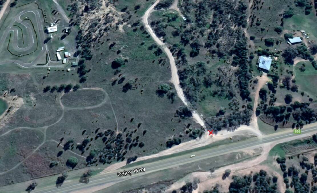 The current entry point for the potential koala park site on the Oxley Highway south-west of Gunnedah is marked by a red x. The site neighbours the Go Kart track on the left and Balcary Park (not pictured). Photo: supplied