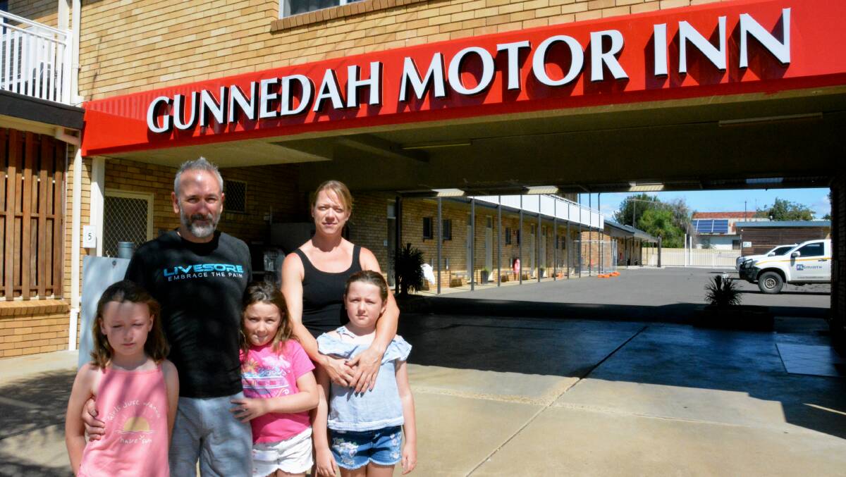 Gunnedah Motor Inn owners Brett and Nicole Walsh with children Elaina, Rose and Isabella. The owners are facing a huge decline in business with the non-essential travel ban in place. Photo: Jessica Worboys
