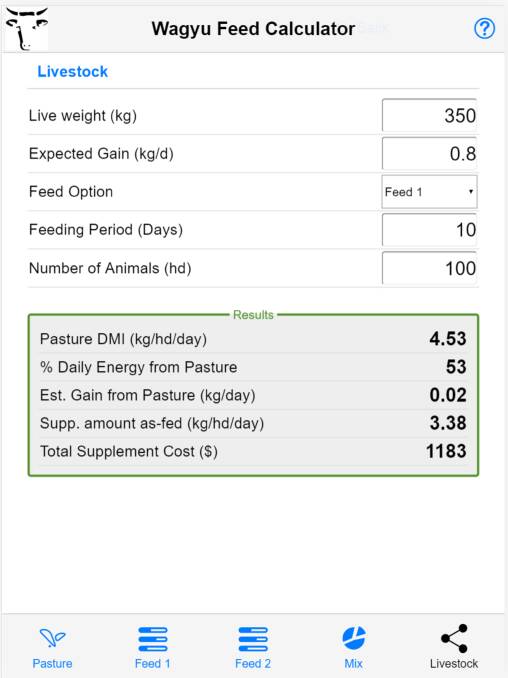 A screenshot of the Wagyu Feed Calculator app. Photo: NSW DPI
