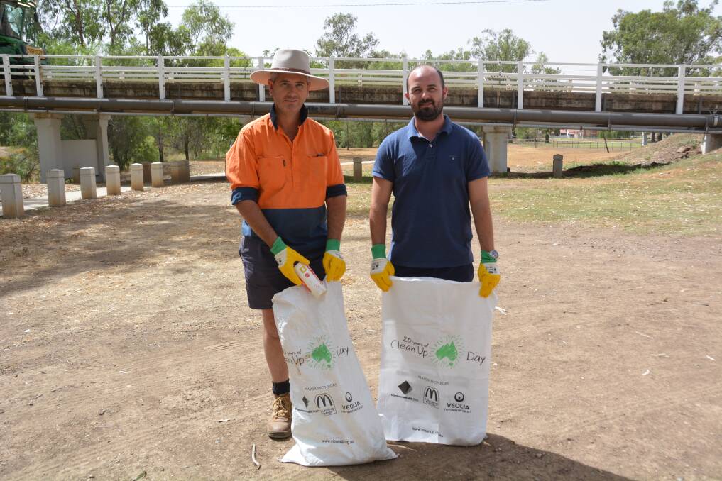 Gunnedah Urban Landcare Group's Michael Truman with GW Group's Michael Cooke at the riverbank, one of the pair's target areas for Clean Up Australia Day. Photo: Jessica Worboys.