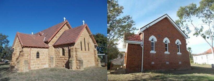 The LPSC Heritage Fund assisted Croaker Memorial Church Caroona (left) to waterproof and repair the sanctuary and roof crosses and St Andrews Uniting Church Werris Creek (right) to rectify roof drainage and foundation repairs. Photos: supplied