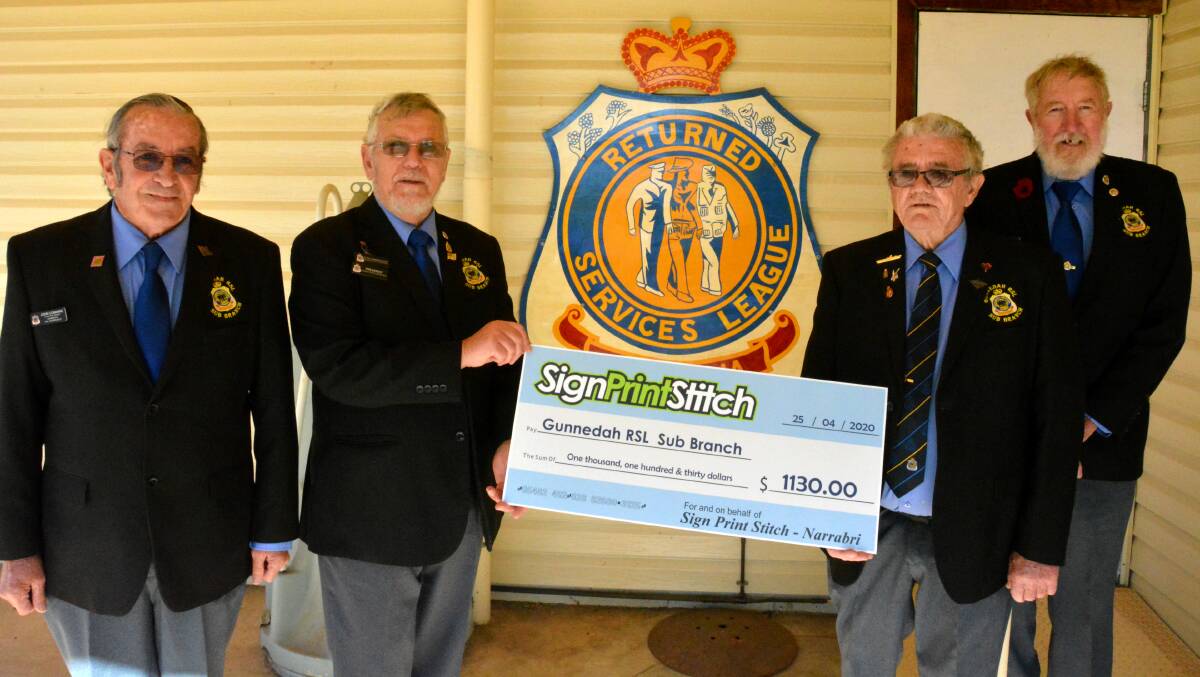 Gunnedah RSL sub-branch's John Commins, Peter Kannengiesser, Neville Steele and John Atkin with the cheque. Photo: Jessica Worboys