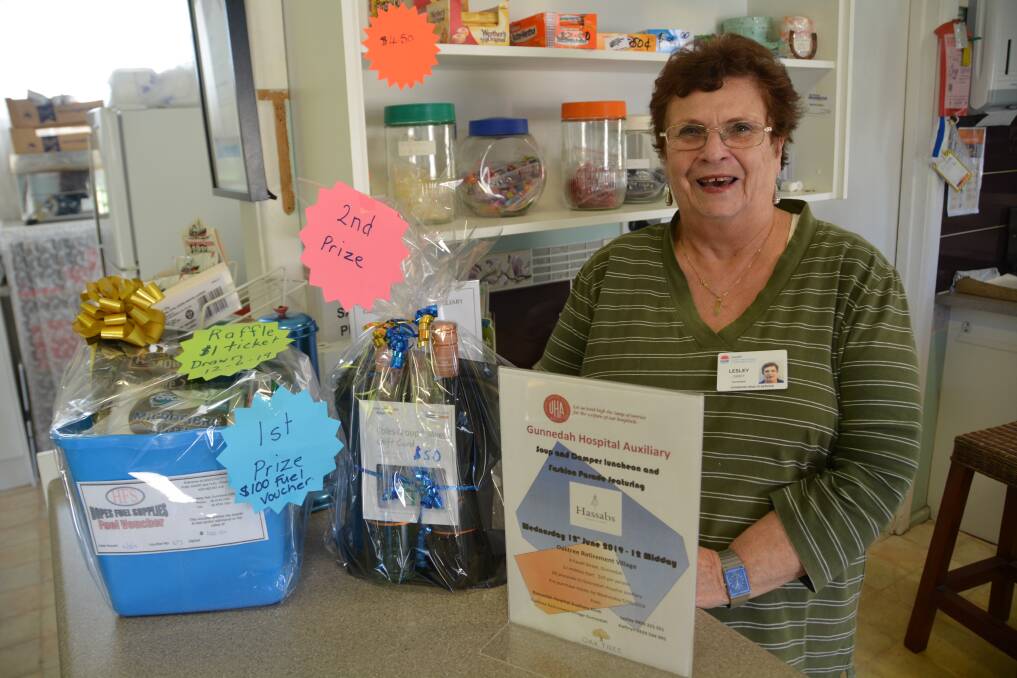 Gunnedah Hospital Auxiliary secretary Lesley Croft with the raffle prizes, pictured at Gunnedah Hospital's kiosk. Tickets for the parade can be purchased here. Photo: Jessica Worboys