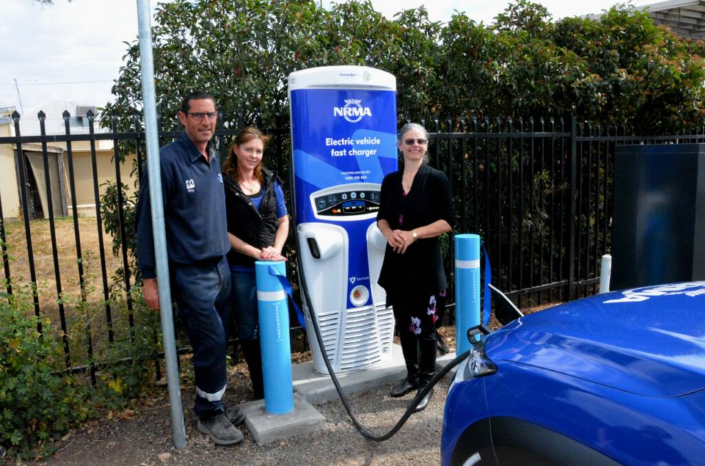 POWERING UP: Gunnedah NRMA branch's Greg and Cindy Keam with NRMA's executive general manager motoring Nell Payne at the new charging station. Photo: Jessica Worboys