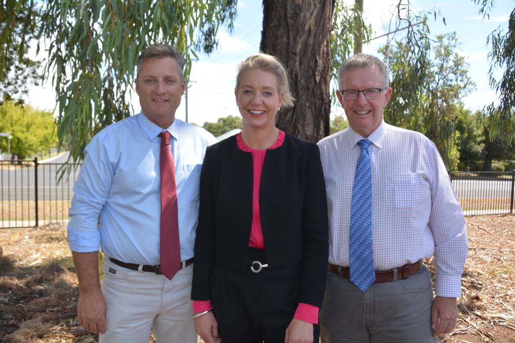 Mayor Jamie Chaffey, Minister for Regional Services Bridget McKenzie, and Parkes MP Mark Coulton at the announcement. Photo: Jessica Worboys